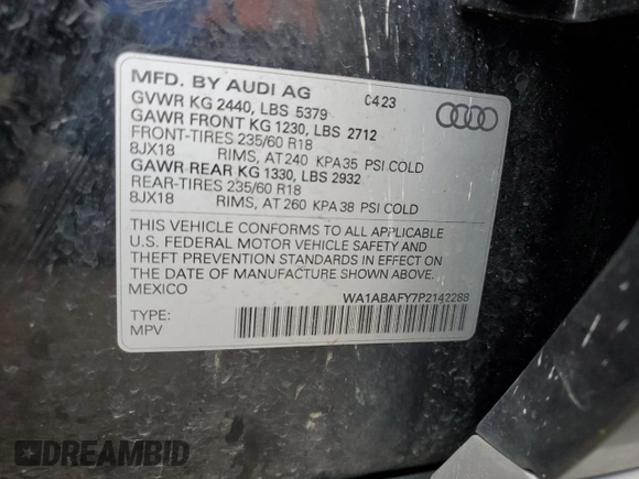 2023 Audi Q5 Premium with VIN WA1ABAFY7P2142288, listed as a Copart auction lot 43472395 with 23,227 mi miles and Salvage title. Bid and sale history available at DreamBid. Image 13.