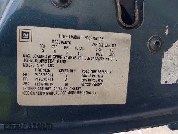 1996 Oldsmobile Cutlass Ciera 1SA VX5 z VIN 1G3AJ55M5T6418193, wystawiony jako IAAI lot #42361441 z przebiegiem 193 675 mil mil oraz . Historia ofert i sprzedaży dostępna na DreamBid. Obrazek 9.
