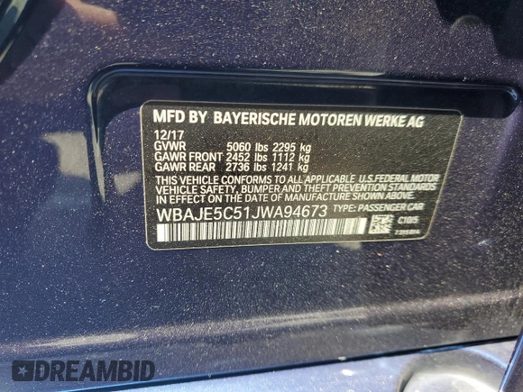 2018 BMW 5 Series 540i with VIN WBAJE5C51JWA94673, listed as a Copart auction lot 59807825 with 77,051 mi miles and Salvage title. Bid and sale history available at DreamBid. Image 12.