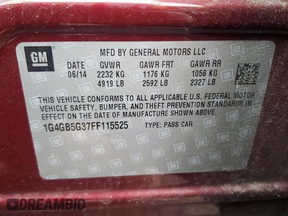 2015 Buick LaCrosse Leather with VIN 1G4GB5G37FF115525, listed as a Copart auction lot 44518755 with 104,465 mi miles and Salvage Title. Bid and sale history available at carsss.com. Image 12.