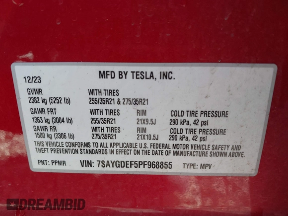 2023 Tesla Model Y Performance with VIN 7SAYGDEF5PF968855, listed as a IAAI auction lot 41499334 with 37,032 mi miles and . Bid and sale history available at DreamBid. Image 9.