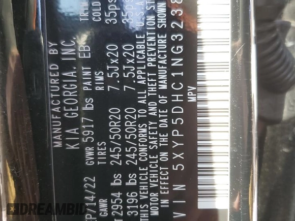 2022 Kia Telluride SX with VIN 5XYP5DHC1NG323836, listed as a Copart auction lot 45961675 with 33,273 mi miles and Salvage title. Bid and sale history available at DreamBid. Image 13.