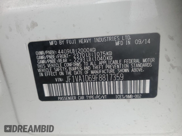 2015 Subaru WRX Premium с VIN JF1VA1D69F8817359, выставлен на аукционе Copart как лот 49080885 с пробегом 80 855 миль миль и Списание • Salvage title. История ставок и продаж доступна на DreamBid. Изображение 12.