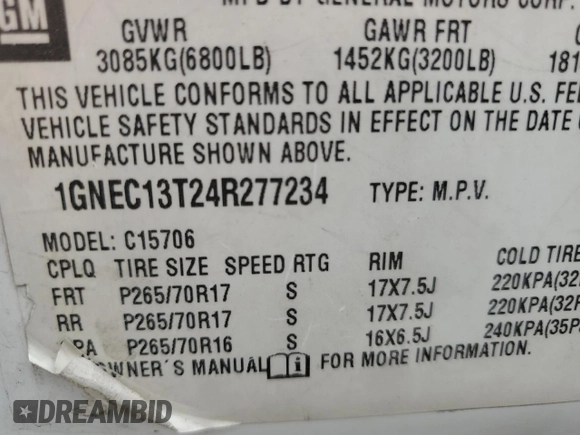 2004 Chevrolet Tahoe LS z VIN 1GNEC13T24R277234, wystawiony jako Copart lot #51157385 z przebiegiem 192 458 mil mil oraz Nie do naprawy • Non repairable. Historia ofert i sprzedaży dostępna na DreamBid. Obrazek 13.