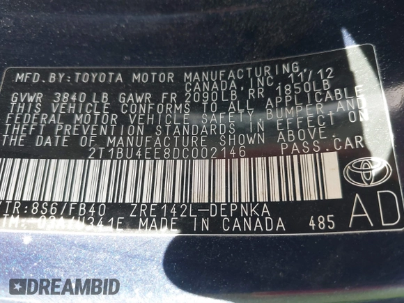 2013 Toyota Corolla L with VIN 2T1BU4EE8DC002146, listed as a IAAI auction lot 41792997 with 173,879 mi miles. Bid and sale history available at carsss.com. Image 9.