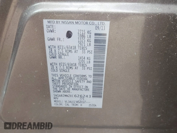 2014 Nissan Pathfinder SL with VIN 5N1AR2MN2EC626243, listed as a IAAI auction lot 42245501 with 146,367 mi miles and . Bid and sale history available at DreamBid. Image 9.