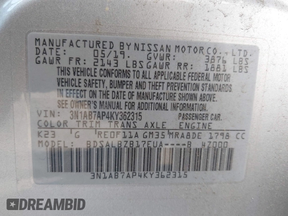 2019 Nissan Sentra S with VIN 3N1AB7AP4KY362315, listed as a IAAI auction lot 40266339 with 76,901 mi miles and . Bid and sale history available at DreamBid. Image 9.