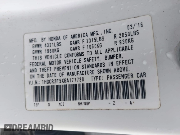 2016 Honda Accord Sport with VIN 1HGCR2F5XGA177730, listed as a IAAI auction lot 42367078 with 186,502 mi miles and . Bid and sale history available at DreamBid. Image 9.