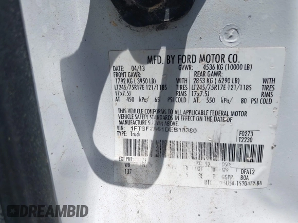 2013 Ford F-250 XL with VIN 1FTBF2A61DEB18380, listed as a IAAI auction lot 42167046 with 304,250 mi miles and . Bid and sale history available at DreamBid. Image 9.