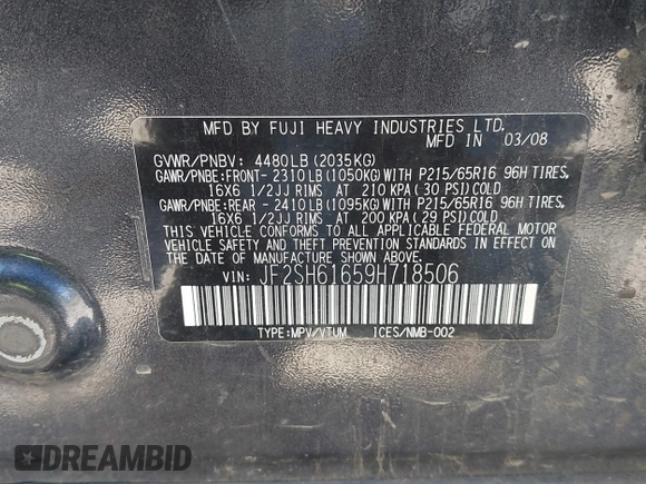 2009 Subaru Forester X with VIN JF2SH61659H718506, listed as a IAAI auction lot 42721506 with 176,427 mi miles and . Bid and sale history available at DreamBid. Image 9.