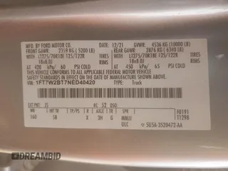 2022 Ford F-250 XL with VIN 1FT7W2BT7NED40420, listed as a Copart auction lot 51773075 with 85,566 mi miles and Salvage title. Bid and sale history available at DreamBid. Image 12.
