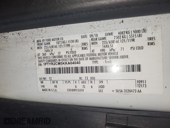 2019 Ford Transit with VIN 1FTYR2CM5KKA04040, listed as a IAAI auction lot 42715725 with 175,169 mi miles and . Bid and sale history available at DreamBid. Image 5.