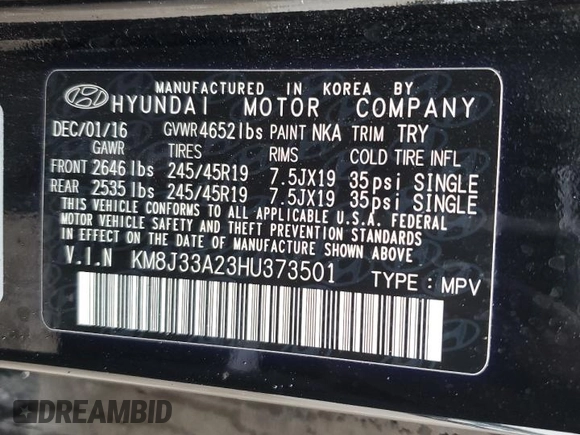2017 Hyundai Tucson Sport z VIN KM8J33A23HU373501, wystawiony jako Copart lot #86020534 z przebiegiem Nie podano mil oraz Szkody całkowita. Historia ofert i sprzedaży dostępna na DreamBid. Obrazek 15.