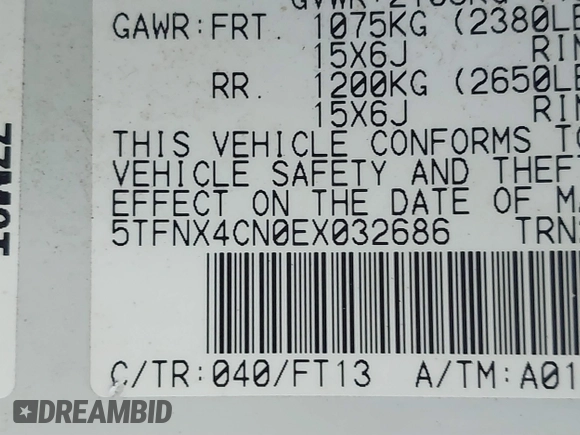 2014 Toyota Tacoma with VIN 5TFNX4CN0EX032686, listed as a IAAI auction lot 41435281 with 84,425 mi miles and . Bid and sale history available at DreamBid. Image 9.