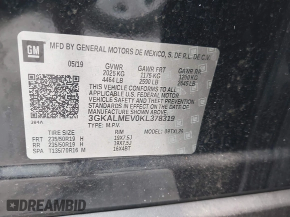 2019 GMC Terrain SLE with VIN 3GKALMEV0KL378319, listed as a IAAI auction lot 40805830 with 94,544 mi miles. Bid and sale history available at carsss.com. Image 9.