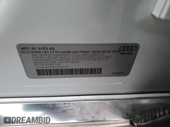 2012 Audi A8 с VIN WAUAVAFD0CN036751, выставлен на аукционе Copart как лот 86383784 с пробегом 96 658 миль миль и Списание • Salvage title. История ставок и продаж доступна на DreamBid. Изображение 12.