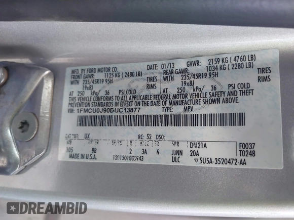 2013 Ford Escape Titanium with VIN 1FMCU0J90DUC13877, listed as a IAAI auction lot 42370172 with 119,745 mi miles and . Bid and sale history available at DreamBid. Image 9.