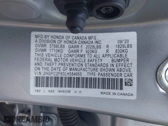 2020 Honda Civic Sedan Sport with VIN 2HGFC2F83LH584955, listed as a IAAI auction lot 41832904 with Not Provided miles. Bid and sale history available at carsss.com. Image 9.