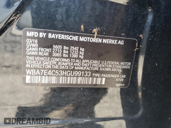 2017 BMW 7 Series 740i xDrive with VIN WBA7E4C53HGU99133, listed as a Copart auction lot 73007174 with 84,542 mi miles and Non Repairable. Bid and sale history available at carsss.com. Image 12.