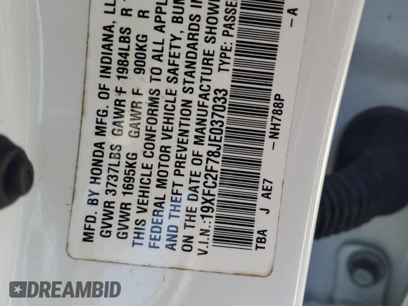 2018 Honda Civic EX с VIN 19XFC2F78JE037033, выставлен на аукционе Copart как лот 57363035 с пробегом 44 820 миль миль и Списание • Salvage title. История ставок и продаж доступна на DreamBid. Изображение 13.