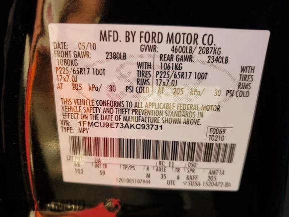 2010 Ford Escape Limited with VIN 1FMCU9E73AKC93731, listed as a Copart auction lot 82261664 with 114,912 mi miles and Non repairable. Bid and sale history available at DreamBid. Image 13.