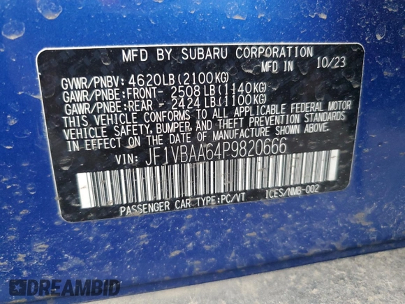 2023 Subaru WRX with VIN JF1VBAA64P9820666, listed as a Copart auction lot 52422165 with 10,726 mi miles and Salvage title. Bid and sale history available at DreamBid. Image 14.