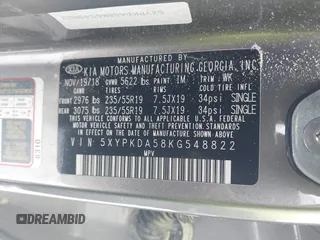 2019 Kia Sorento SX V6 with VIN 5XYPKDA58KG548822, listed as a IAAI auction lot 41606599 with 66,760 mi miles. Bid and sale history available at carsss.com. Image 9.