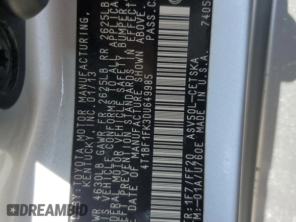 2013 Toyota Camry L with VIN 4T1BF1FK3DU649985, listed as a Copart auction lot 49927275 with 134,092 mi miles and Salvage Title. Bid and sale history available at DreamBid. Image 15.