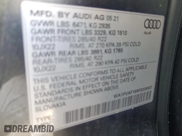 2021 Audi Q8 Prestige with VIN WA1FVAF16MD039587, listed as a Copart auction lot 56030345 with 66,976 mi miles and Salvage title. Bid and sale history available at DreamBid. Image 13.