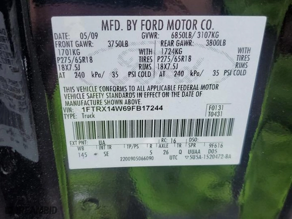 2009 Ford F-150 STX with VIN 1FTRX14W69FB17244, listed as a Copart auction lot 49277065 with 184,481 mi miles and Salvage Title. Bid and sale history available at carsss.com. Image 12.
