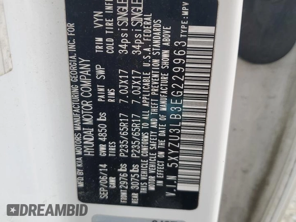 2014 Hyundai Santa Fe Sport with VIN 5XYZU3LB3EG229963, listed as a Copart auction lot 49635525 with 133,239 mi miles and Salvage Title. Bid and sale history available at carsss.com. Image 14.