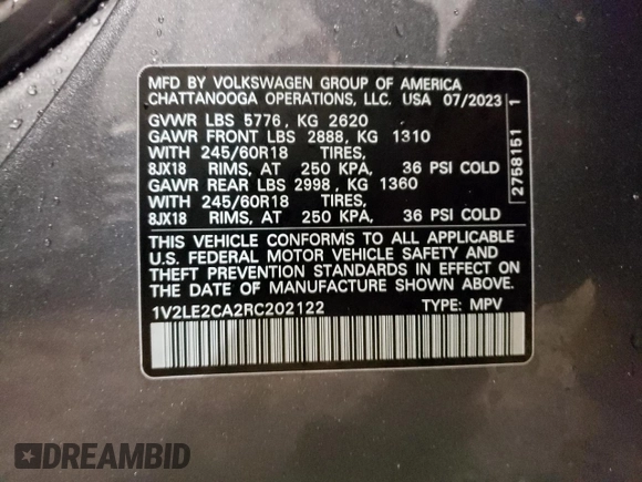 2024 Volkswagen Atlas SE with VIN 1V2LE2CA2RC202122, listed as a Copart auction lot 82377044 with 21,184 mi miles and Salvage title. Bid and sale history available at DreamBid. Image 15.