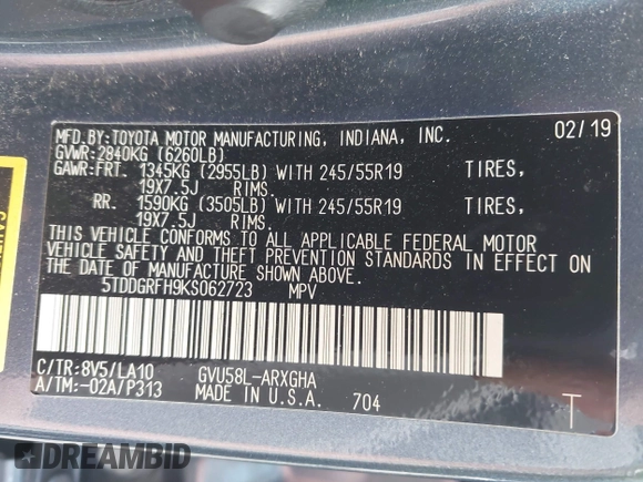 2019 Toyota Highlander Hybrid Limited with VIN 5TDDGRFH9KS062723, listed as a IAAI auction lot 42634638 with 142,875 mi miles and . Bid and sale history available at DreamBid. Image 9.