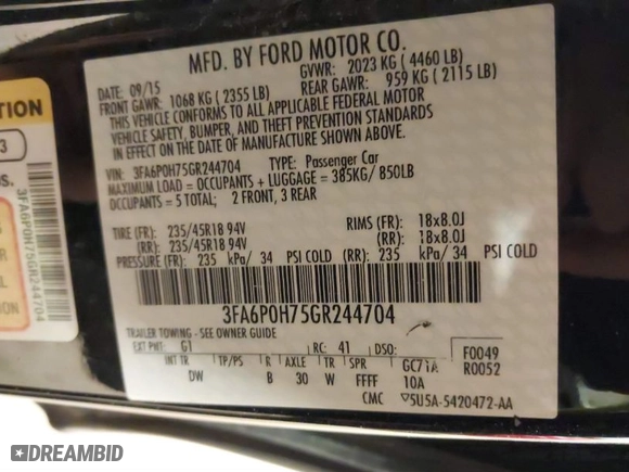 2016 Ford Fusion SE with VIN 3FA6P0H75GR244704, listed as a IAAI auction lot 41278801 with 222,530 mi miles. Bid and sale history available at carsss.com. Image 9.