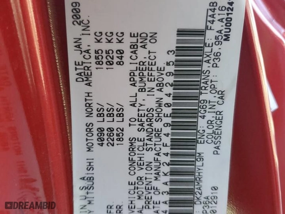 2009 Mitsubishi Eclipse GS with VIN 4A3AK24F49E042953, listed as a Copart auction lot 87957785 with 190921 miles and Salvage Title. Bid and sale history available at carsss.com. Image 12.