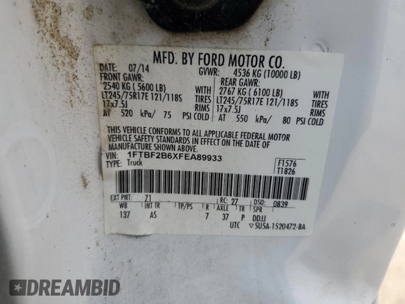 2015 Ford F-250 XLT z VIN 1FTBF2B6XFEA89933, wystawiony jako Copart lot #60073375 z przebiegiem 12 960 mil mil oraz Czysty tytuł • Clean title. Historia ofert i sprzedaży dostępna na DreamBid. Obrazek 13.