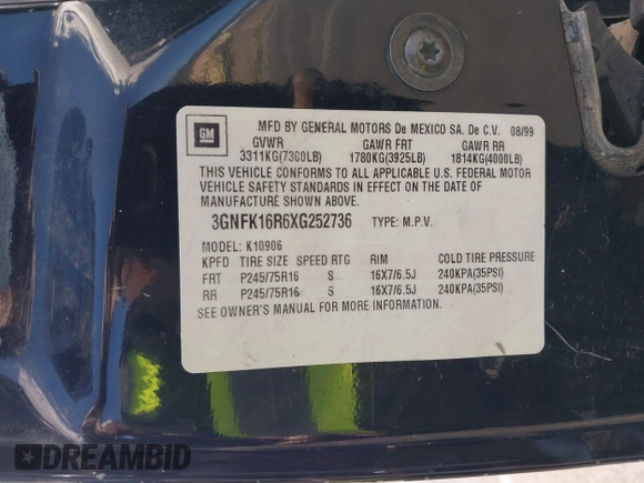 1999 Chevrolet Suburban z VIN 3GNFK16R6XG252736, wystawiony jako IAAI lot #41897003 z przebiegiem 140 081 mil mil oraz . Historia ofert i sprzedaży dostępna na DreamBid. Obrazek 9.
