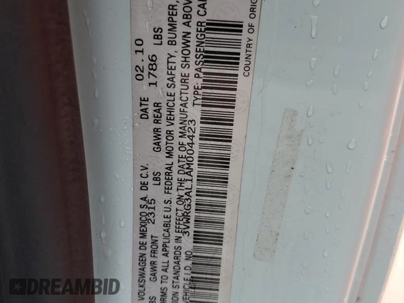 2010 Volkswagen Beetle with VIN 3VWRG3AL1AM004423, listed as a Copart auction lot 44448625 with 106,058 mi miles and Salvage Title. Bid and sale history available at DreamBid. Image 12.