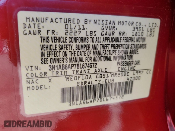 2011 Nissan Sentra S with VIN 3N1AB6AP7BL674572, listed as a Copart auction lot 46893165 with 270,346 mi miles and Salvage Title. Bid and sale history available at DreamBid. Image 14.