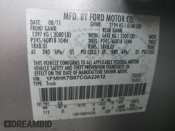 2012 Ford Explorer with VIN 1FMHK7B87CGA22612, listed as a Copart auction lot 60509785 with 198,658 mi miles and Salvage title. Bid and sale history available at DreamBid. Image 13.