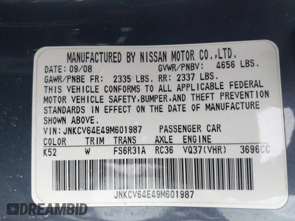 2009 Infiniti G37 with VIN JNKCV64E49M601987, listed as a IAAI auction lot 42012422 with 233,821 mi miles and . Bid and sale history available at carsss.com. Image 9.