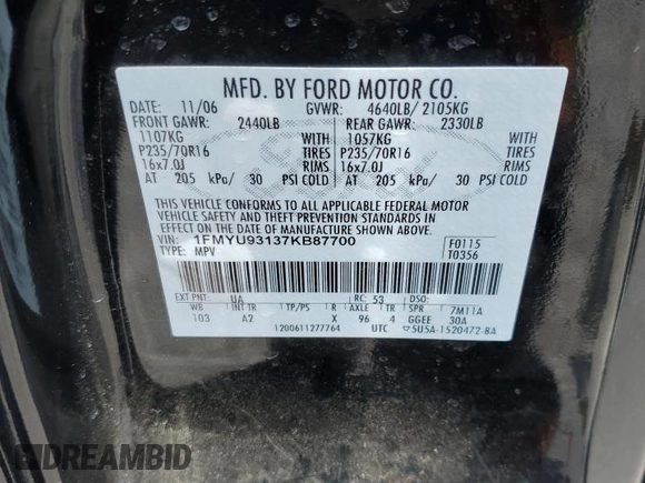 2007 Ford Escape XLT с VIN 1FMYU93137KB87700, выставлен на аукционе Copart как лот 53359075 с пробегом 128 425 миль миль и Списание • Salvage title. История ставок и продаж доступна на DreamBid. Изображение 15.