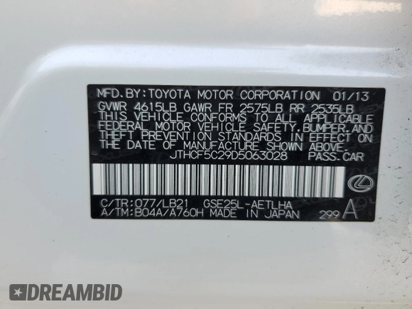 2013 Lexus IS 250 with VIN JTHCF5C29D5063028, listed as a Copart auction lot 49708045 with 126,351 mi miles and Salvage title. Bid and sale history available at DreamBid. Image 12.