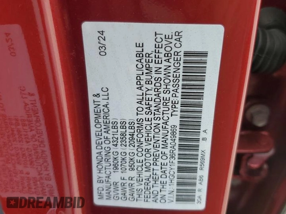 2024 Honda Accord EX with VIN 1HGCY1F36RA049869, listed as a Copart auction lot 58511995 with 3,284 mi miles and Salvage title. Bid and sale history available at DreamBid. Image 12.