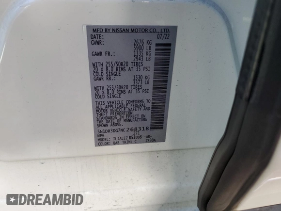 2022 Nissan Pathfinder Platinum with VIN 5N1DR3DG7NC268318, listed as a Copart auction lot 49682025 with 23,285 mi miles and Salvage title. Bid and sale history available at DreamBid. Image 13.