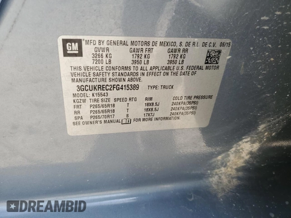 2015 Chevrolet Silverado 1500 LT with VIN 3GCUKREC2FG415389, listed as a Copart auction lot 53994135 with 148,655 mi miles and Salvage Title. Bid and sale history available at DreamBid. Image 12.