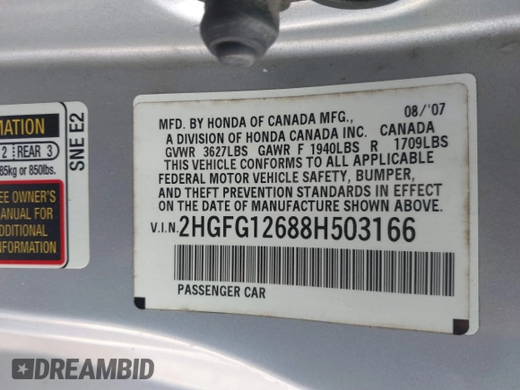 2008 Honda Civic Cpe LX with VIN 2HGFG12688H503166, listed as a IAAI auction lot 40949573 with 166,571 mi miles. Bid and sale history available at carsss.com. Image 9.