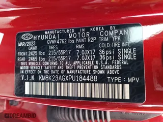 2023 Hyundai Kona Electric SE with VIN KM8K23AGXPU184488, listed as a Copart auction lot 70221173 with 36 mi miles. Bid and sale history available at carsss.com. Image 12.