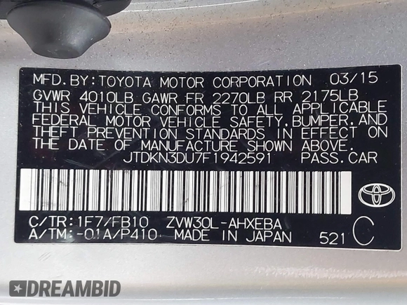2015 Toyota Prius Four z VIN JTDKN3DU7F1942591, wystawiony jako IAAI lot #41439295 z przebiegiem 86 406 mil mil oraz . Historia ofert i sprzedaży dostępna na DreamBid. Obrazek 9.