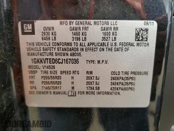 2012 GMC Acadia Denali z VIN 1GKKVTED6CJ167036, wystawiony jako Copart lot #51636605 z przebiegiem 116 467 mil mil oraz Czysty tytuł • Clean title. Historia ofert i sprzedaży dostępna na DreamBid. Obrazek 12.
